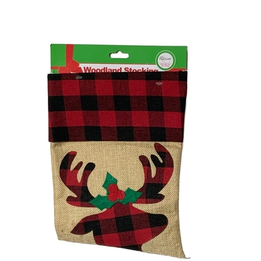 Christmas Stockings Reindeer Moose Holiday Buffalo Check Plaid 17 in 2 Piece Set